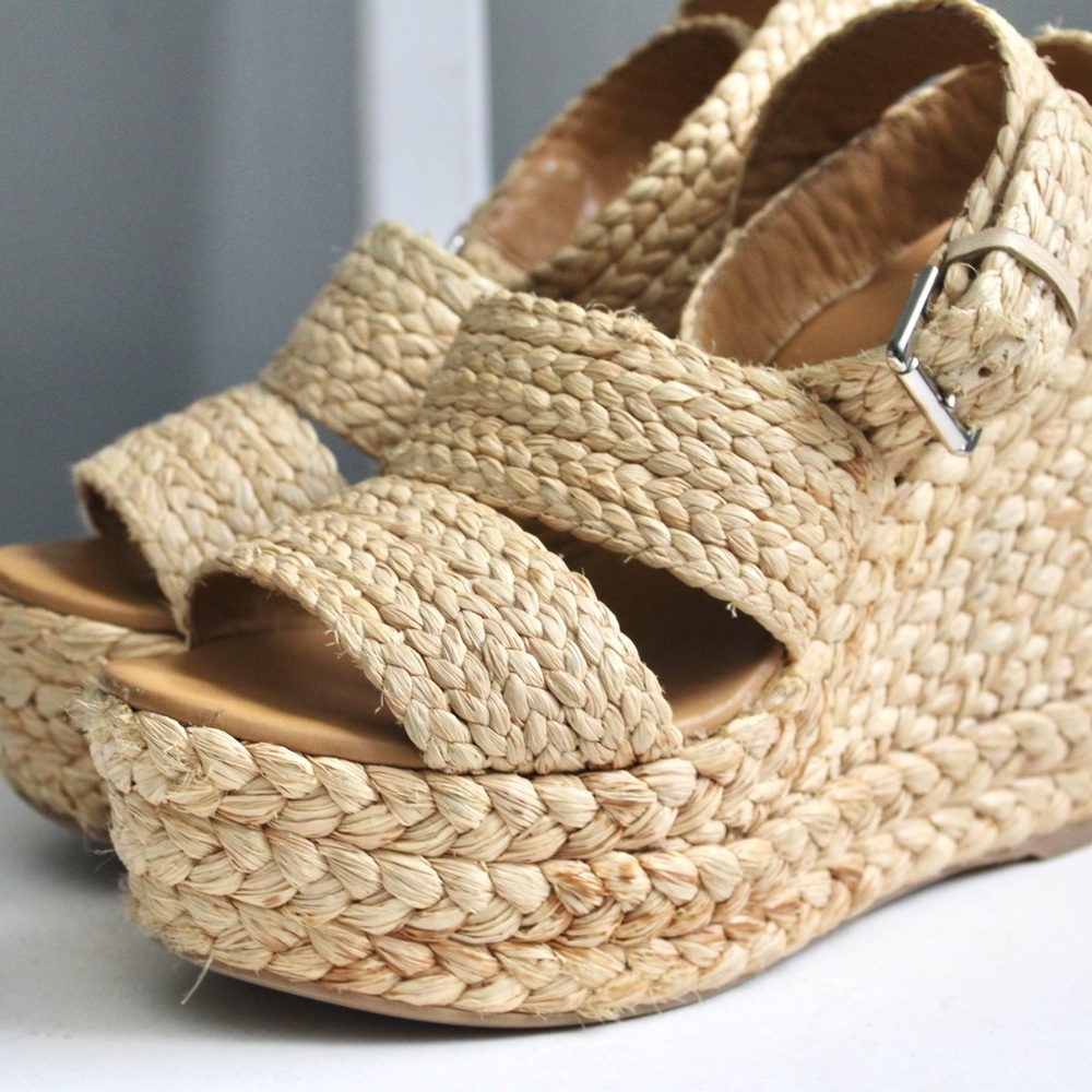 POLO Ralph Lauren Tan Woven Raffia Wicker Wedge Sandal Heels Spain Size 39.5 / 9 - Picture 4 of 8